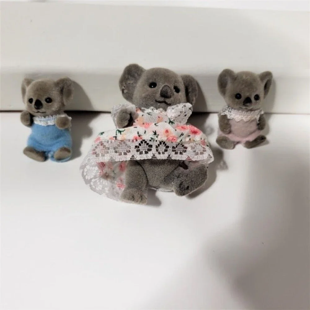 Vintage Flocked Koala Bear Family Lot 3 Mini Miniatures Dollhouse Figures Move